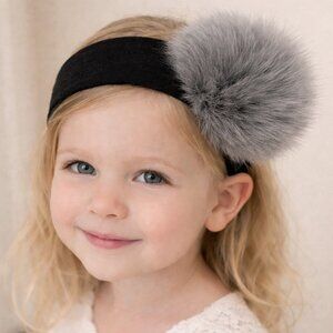Bari Lynn Black and Grey Fuzzy Pom Pom Stretchy Girls‎ Headband NWOT